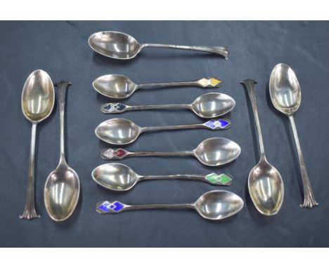 A group of six 1930's silver and enamel coffee spoons, the terminals engine-turned and guilloche enamelled with geometric des