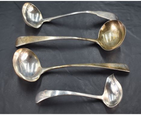 A pair of George III silver sauce ladles, Old English pattern with engraved initial H and arm and arrow crest, marks for Lond