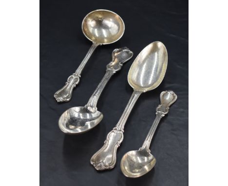 A group of four Victorian silver Albert pattern spoons, comprising two table spoons, dessert spoon and ladle, each with marks