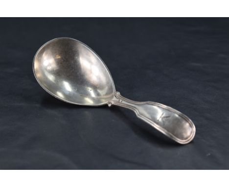 A Victorian silver caddy spoon, fiddle and thread pattern with engraved Masonic type crest, marks for London 1864, 10cm, 26gr