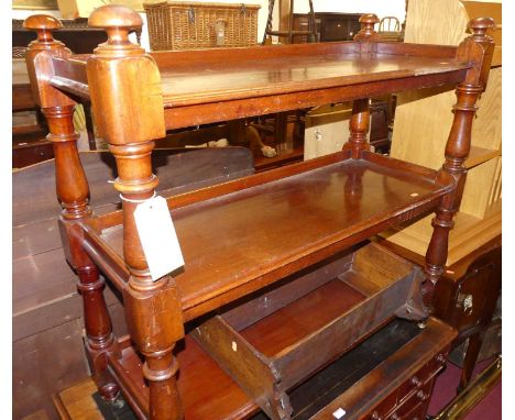 A mid-Victorian mahogany three-tier buffet whatnot, raised on turned and square cut columns, w.105cm; together with an Edward