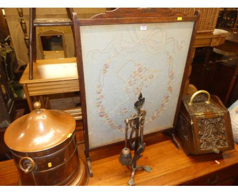 Occasional furniture to include; an early 20th century oak and floral needlework firescreen, a low relief carved oak coal pur
