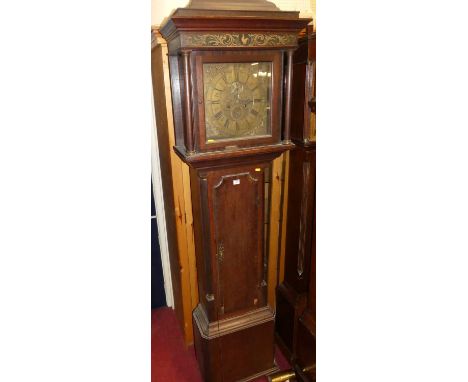 A circa 1800 provincial oak longcase clock, the square brass dial signed James Whitworth, Lussley, the incomplete dial with t