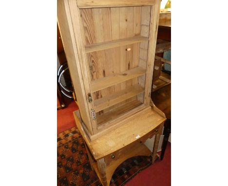 An early 20th century pine three-quarter gallery backed bowfront two drawer two-tier washstand, width 69cm, together with a r