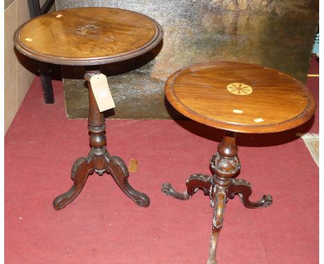 Two mid-Victorian walnut circular fixed top pedestal tripod occasional tables