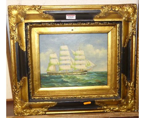 A reproduction gilt framed oleograph depicting a three-masted clipper ship, 20 x 24cm 