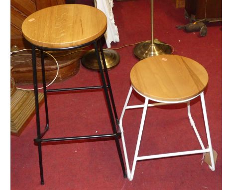 Two contemporary light oak topped and enamelled rod metal bar stools 