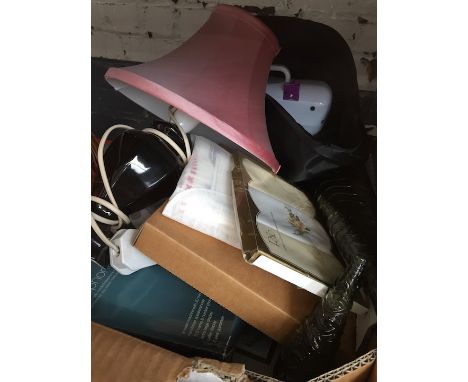 A box of mixed items inc mini sewing machine, table lamp etc 