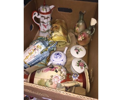 A box of ornamental pottery jugs and 2 Wedgwood trinket boxes 