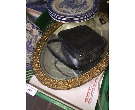 A green crate of items inc blue &amp; white Spode, mirror, etc 