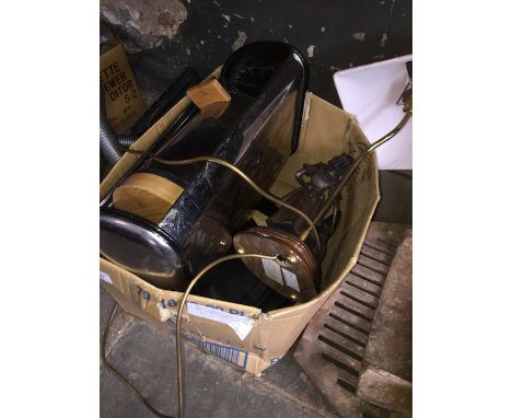 An Aldis projector and a box of items inc 78s, lamp, bread bin etc 