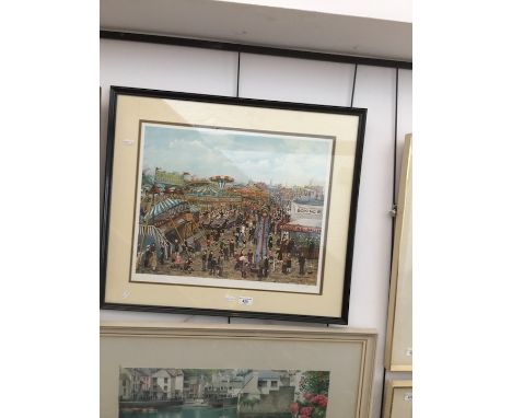 Tom Dodson, "The Fairground", colour print, 50cm x 40cm, blindstamp lower left, signed in pencil lower right, glazed and fram