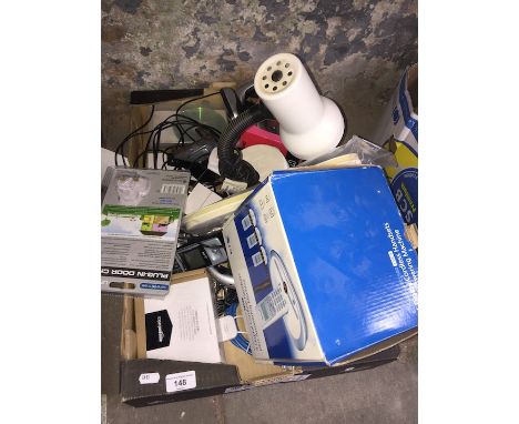 A box of electrical items, telephone, table lamp, etc 