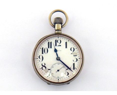A nickel Goliath 8 day pocket watch, circa 1920, the white enamel dial with large black Arabic numerals, blued steel spade ha