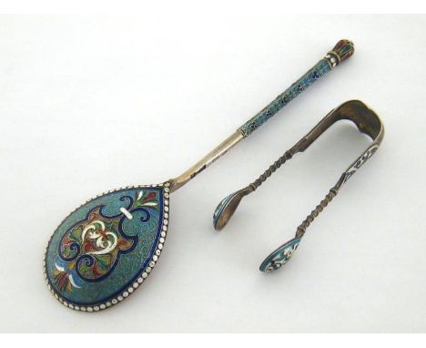 A Russian silver-gilt and cloisonné enamel spoon by the 6th Moscow Artel, Moscow, 1894, also bearing later Soviet marks, face