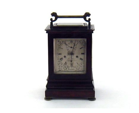 A fine mantel clock by Frodsham, Gracechurch Street, London, in rosewood case with bar handle on scroll supports having lions