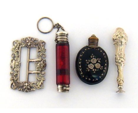 A Victorian white-metal mounted ruby glass double-ended combination vinaigrette and scent bottle with chain and finger ring, 