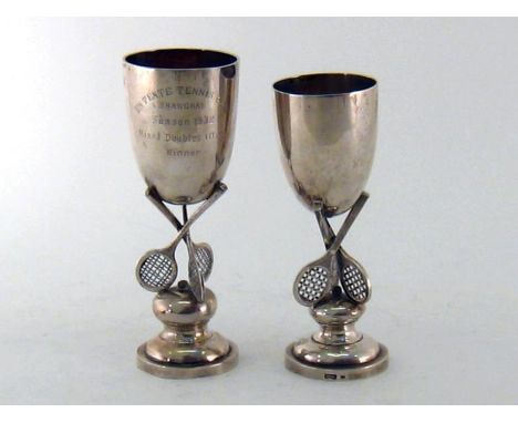 Two Chinese Export silver tennis trophy goblets by Tuck Chang of Shanghai, one with engraved date "1932", in two sizes, both 