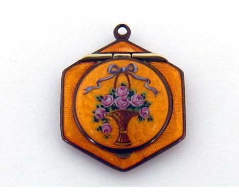 A late 19th century guilloche enamel snuff pendant, the hexagonal pendant with orange guilloche enamel ground, the circular c