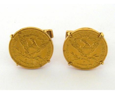 A pair of Liberty Head Half Eagle gold five dollar coin cufflinks, the coins dated 1900 and 1903, in a gold frame (tests 18 c