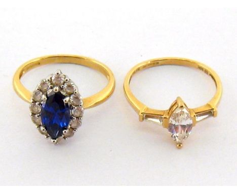 Two 14 carat gold and synthetic gem set dress rings, both shanks fully hallmarked, finger size R/S, 6.3gms gross 