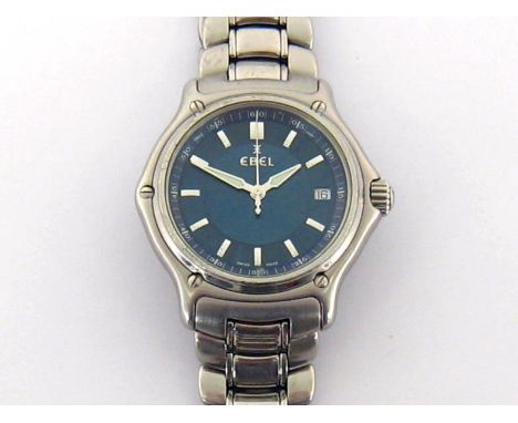 Ebel, 1911, a gentleman's stainless steel quartz wristwatch, the deep blue engine turned dial with silvered baton markers, lu