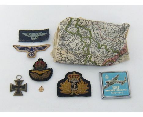 Militaria:- A  Royal Navy cloth and bullion officer's cap badge; a similar King's crown officer's cloth and bullion cap badge