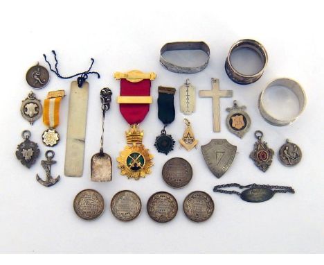 A group of small silver items including a Royal Artillery hockey medal, Birmingham, 1930; a modern silver-gilt and enamel Mas