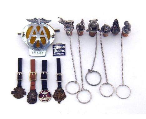 A mixed lot comprising various badges, including an AA car badge, circa 1950s, together with key fobs for Harley Davidson Mot