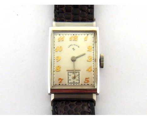 Lord Elgin, a 1950s platinum/iridium alloy manual wind wristwatch, the rectangular silvered dial with applied gilt Breguet nu