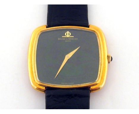 Baume et Mercier, a gentleman's 18 carat gold manual wind wristwatch, the oblong case with black dial and gilt sword hands, t