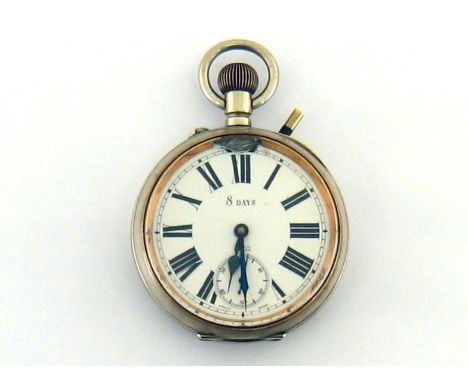 A nickel Goliath pocket watch with light fitting, circa 1920, the white enamel dial signed 'MM &amp; Co Patent', with large b