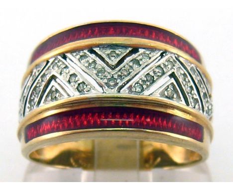 A 9 carat gold, diamond and enamel dress ring, the chevron pattern of pave set brilliants between two bands of red enamel, th