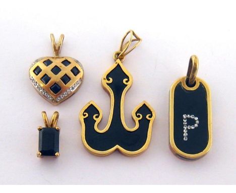 Two 9 carat gold pendants, the first heart-shaped example set with sapphire and diamonds, 1.8cm long; the second of anchor fo