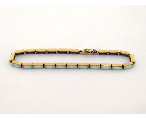 A synthetic opal line bracelet, set with twenty-two rectangular cabochon stones, mounted in yellow metal, the box snap clasp 