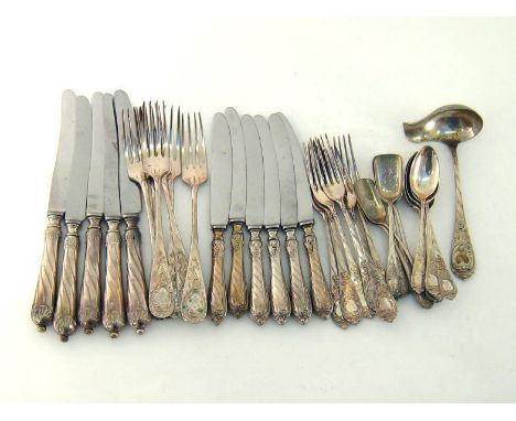 A German matched silver part table service of flatware, made up from two different services, circa 1900, diagonally fluted ha