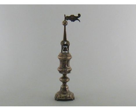 Judaica:- a Polish silver spice tower by M. Kharlap, Warsaw, 1886, body engraved with band of Greek key decoration, domed ped