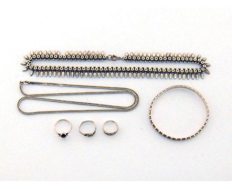 A group of white metal jewellery, including an Italian herringbone link necklace, stamped '925' to the bolt ring clasp, 54cm 