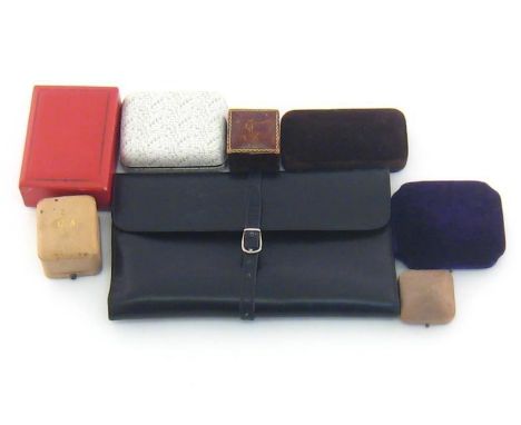 A group of vintage jewellery boxes, including 'Thresher & Glenny', John Elkan, Robertsons, 'Jay's of London', and 'Alfred Chi