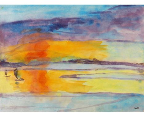 Emil Nolde     1867 Nolde/Nordschleswig - 1956 Seebüll/Schleswig-Holstein Sonnenuntergang mit zwei Seglern. 1940er Jahre. Aqu