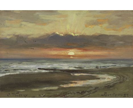 Carl Wuttke     1849 Trebnitz - 1927 München Sonnenuntergang auf Borkum. 1892. Öl auf Holz.  Links unten signiert, rechts unt