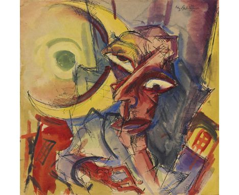 Max Schwimmer     1895 Leipzig - 1960 Leipzig Dichter über der Welt (wohl Johannes R. Becher). 1919. Aquarell über Tuschfeder