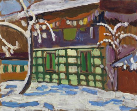 Gabriele Münter     1877 Berlin - 1962 Murnau Haus mit Schneebäumen in Kochel. 1908/09. Öl auf Malpappe.  Die Arbeit ist unte