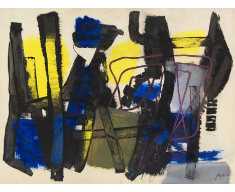 Fritz Winter     1905 Altenbögge - 1976 Herrsching am Ammersee Gelb und Blau. 1954. Öl auf Papier auf Leinwand.  Lohberg 1830