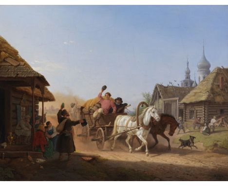 Peter von Hess     1792 Düsseldorf - 1871 München Russische Dorfschänke. 1848. Öl auf Leinwand.  Rechts unten signiert und da