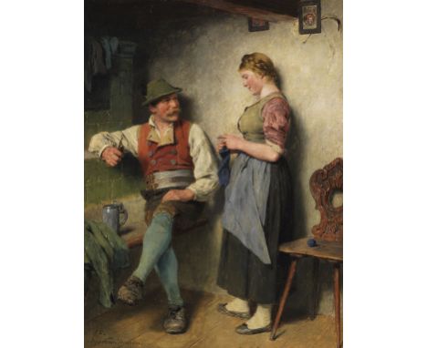 Hugo Kauffmann     1844 Hamburg - 1915 Prien am Chiemsee Bursche und Mädl. 1907. Öl auf Holz.  Links unten signiert und datie