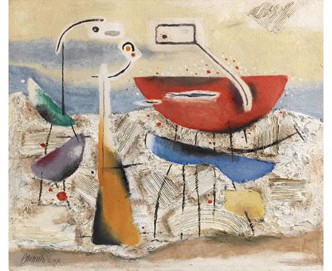 Willi Baumeister     1889 Stuttgart - 1955 Stuttgart Metaphysische Landschaft. 1948. Öl mit Kunstharz und Spachtelkitt auf Ma