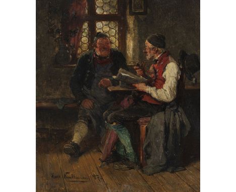 Hugo Kauffmann     1844 Hamburg - 1915 Prien am Chiemsee Unterhaltung in der Stube. 1887. Öl auf Holz.  Links unten signiert 