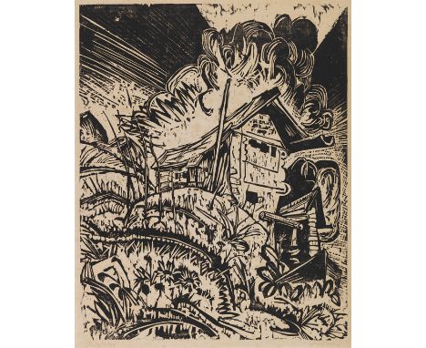 Ernst Ludwig Kirchner     1880 Aschaffenburg - 1938 Davos Berghaus mit Gewitterwolke (Alphütte bei Gewitter). 1917. Holzschni