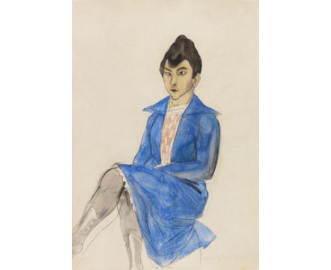 Rudolf Schlichter     1890 Calw - 1955 München Frau mit blauem Kleid. Um 1925. Aquarell und Bleistift.  Rechts unten signiert